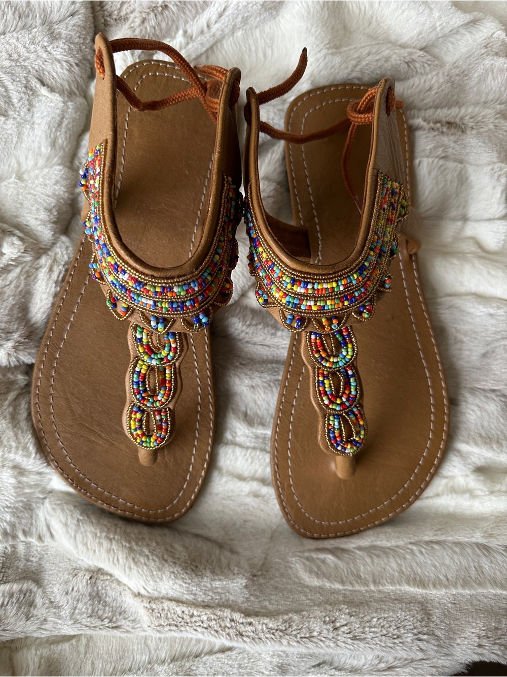 Beaded Brown T-Strap Sandals - Women - Picture 7 of 10